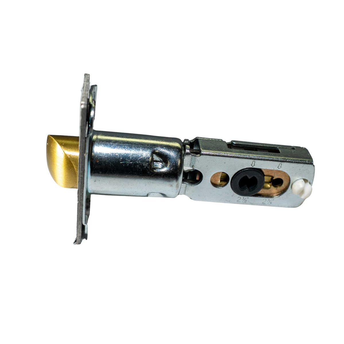 Lock cylinder with brass and metallic components on a white background