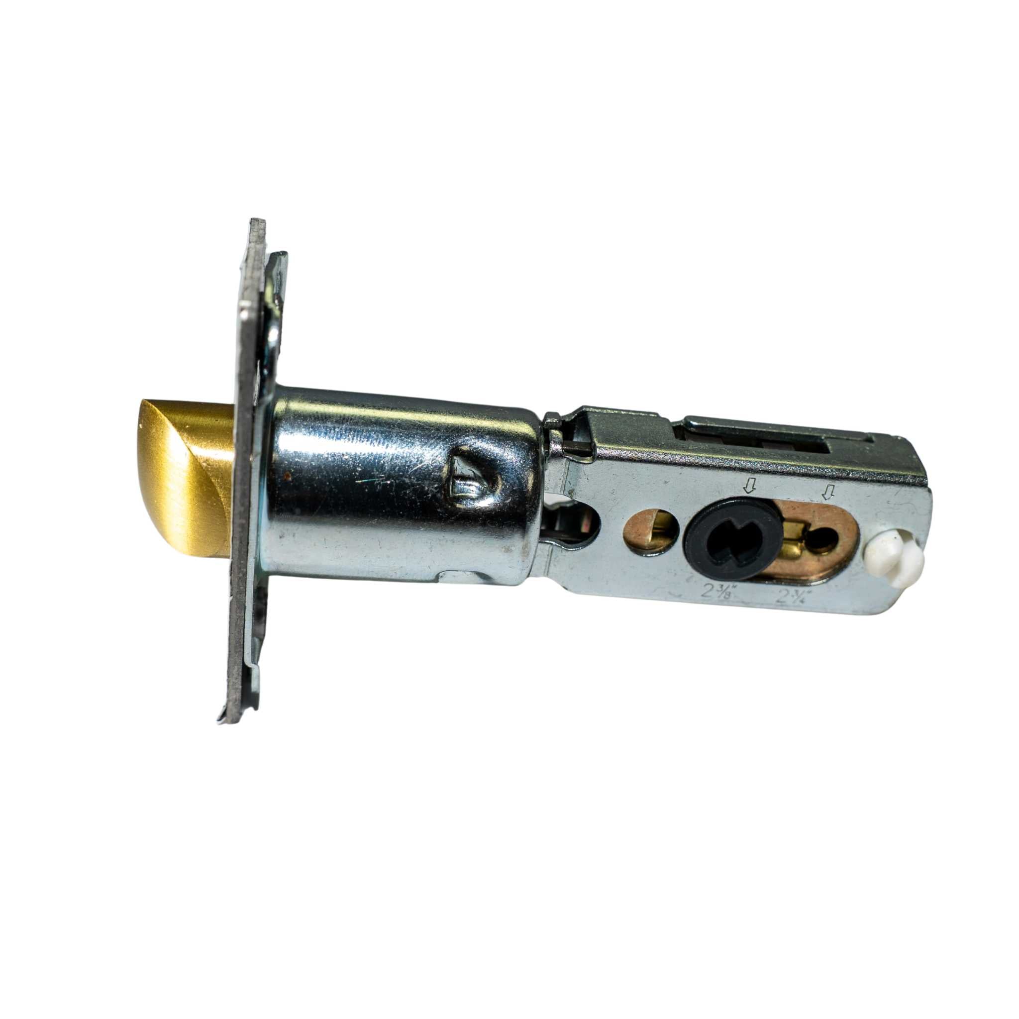 Lock cylinder with brass and metallic components on a white background