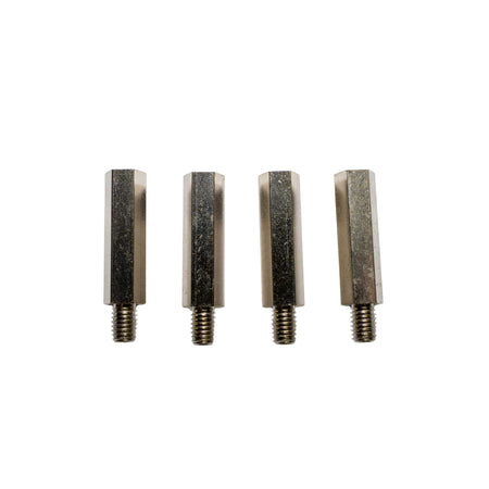 Four metallic hex bolts on a white background