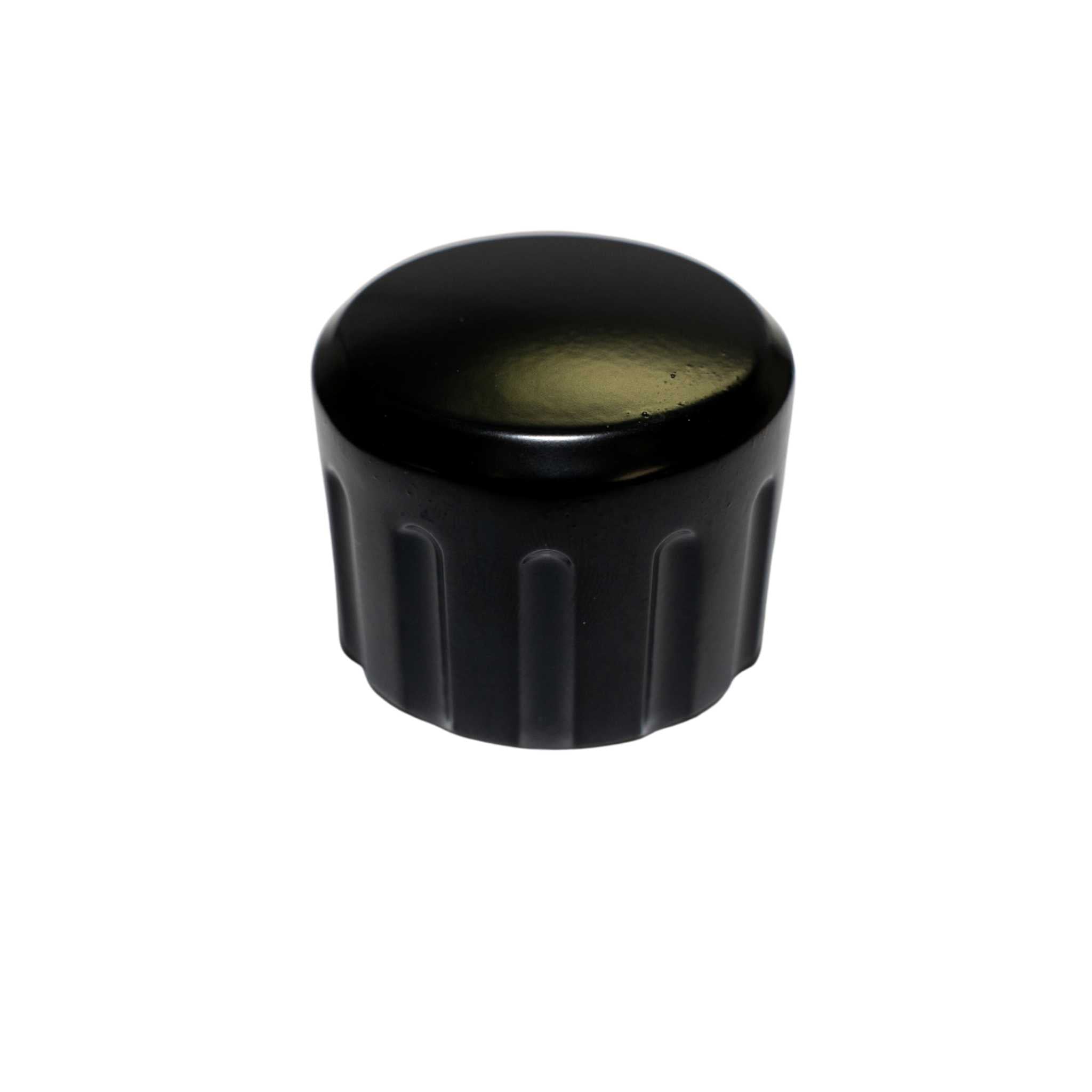 Black plastic knob on a white background